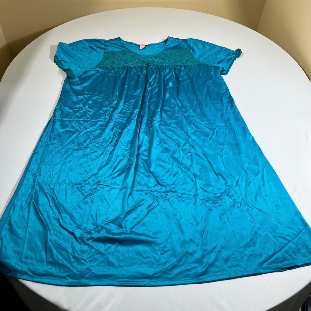 Serenada Teal Nylon Nightgown 1X 18/20 Lace Trim Short Sleeve Loungewear